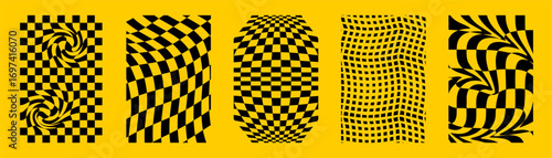 Groovy checkerboard background set. Colorful retro wavy checkered pattern collection. Vintage psychedelic distorted gingham wallpapers.