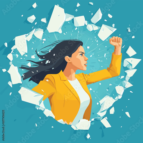 Powerful businesswoman breaking through barriers