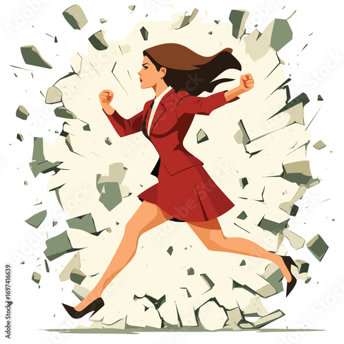 Powerful businesswoman breaking through barriers