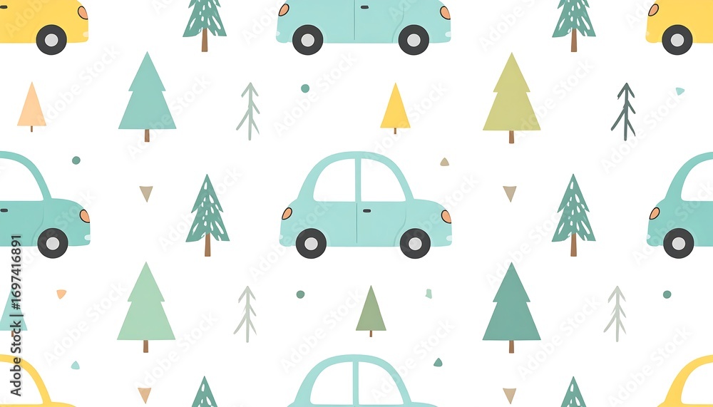 Cute car and tree pattern on white background Cute car and tree pattern on white background