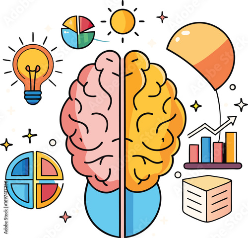 Creative mind and analytical brain concept with lightbulb ideas charts and cubes