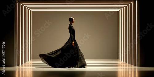 A picture of a model wearing a black evening gown walking on a show stage