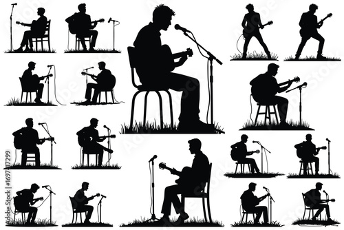 Multiple silhouettes of men playing guitars with microphones