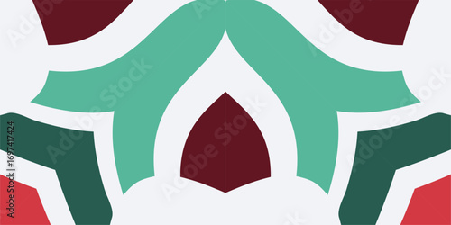 A festive and ornate geometric pattern with a Christmas color scheme evoking a sense of holiday cheer and seasonal celebration.