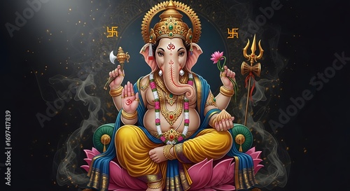 Colorful Hindu Lord Ganesha Statue with Lotus Flower in Traditional Artistic Style