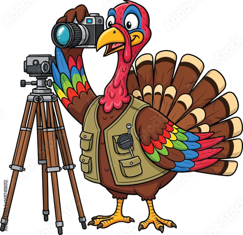 A cheerful cartoon character turkey with colorful feathers spread wide Vector illustration