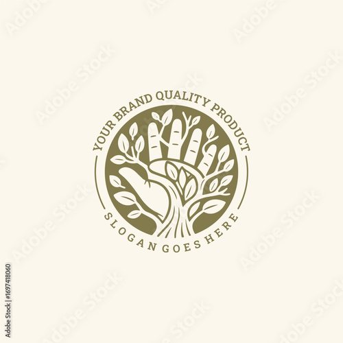 Hand tree logo vector vintage template design
