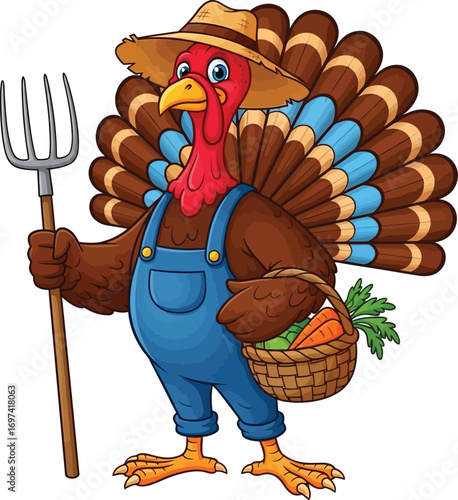 A cheerful cartoon character turkey with colorful feathers spread wide Vector illustration