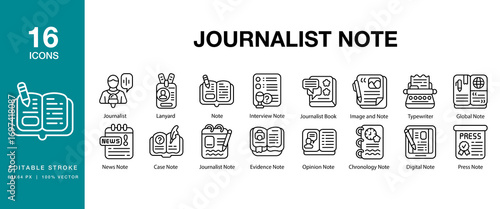 Journalist Note icon set. Includes interview, news, reporter, report, media, and More. Editable Stroke Icon Collection.
