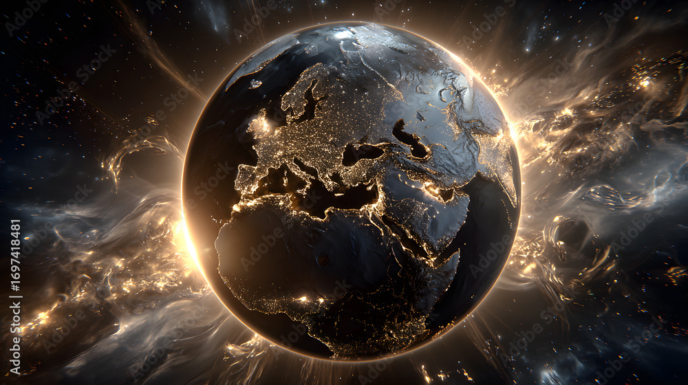 Naklejka premium Planet Earth in space with glowing lights and cosmic energy background