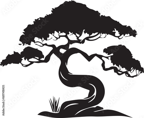 A flat icon logo of a twisted bonsai tree.