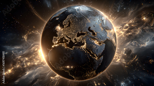 Planet Earth in space with glowing lights and cosmic energy background
