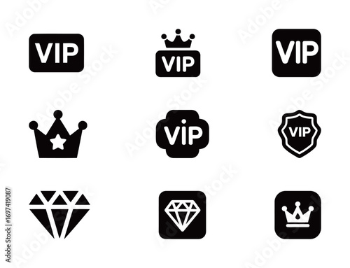 A collection of VIP and premium icons, featuring crowns, diamonds, and shields, for exclusive content and membership