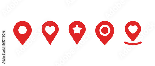 Set of red location pin icons, with different symbols like a heart and a star, for maps and GPS navigation