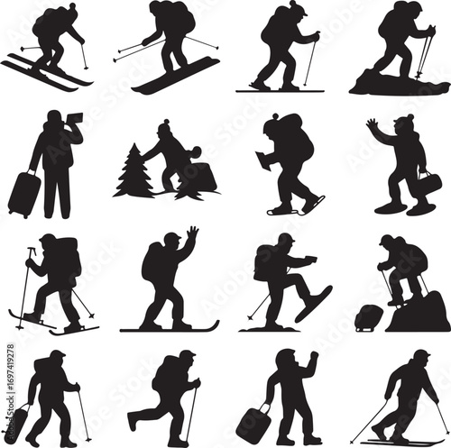 Winter Sports And Travel Silhouettes With Mountains And Trees Keywords: skiing, snowboarding