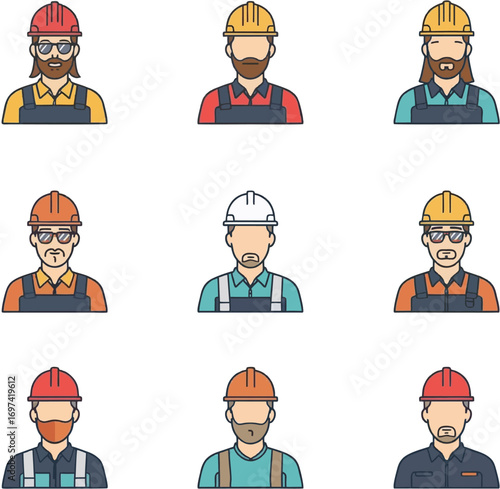 Nine cartoon builders in overalls and hard hats, perfect for constructionthemed projects, teambuilding illustrations, and safety awareness materials.
