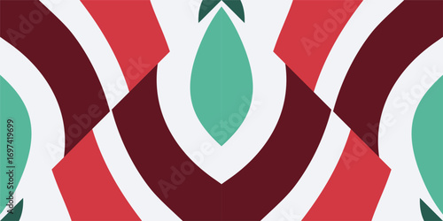 A festive and symmetrical abstract background featuring bold curves in red teal and maroon.