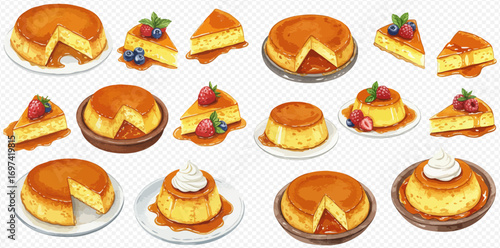 A delicious illustrated collection of crème caramel flan desserts, served whole and sliced with caramel sauce, fresh berries, and cream.