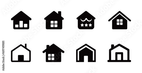 Set of home and house icons, in various styles for real estate, residential, and user interface designs