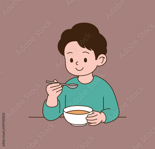 A man eating soup at the table. Minimal line illustration design.