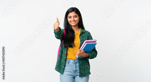 Young indian collage girl showing thumps up and holding books