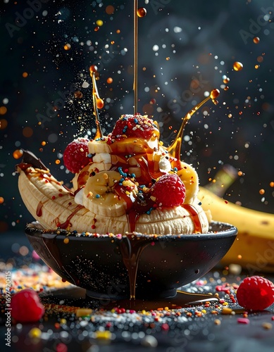 Delicious banana and fruit dessert in a black bowl with chocolate syrup and sprinkles on dark background with scattered berries and crumbs for dessert and sweet treat themes