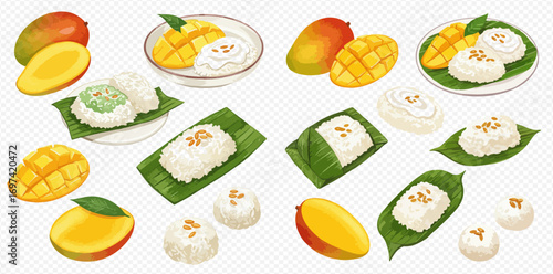 An illustrated collection of mango sticky rice, a popular Thai dessert with fresh mangoes, glutinous rice, and coconut milk.