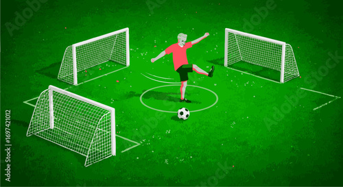 Conceptual illustration of a soccer player facing a choice of three goals, symbolizing strategy, options, and decision-making in sports or business