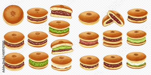 A delicious collection of Japanese dorayaki pastries with various sweet fillings like red bean and matcha.