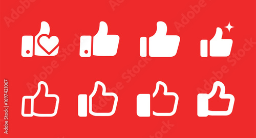 Set of thumbs up and like icons on a red background, for social media, feedback, and positive ratings