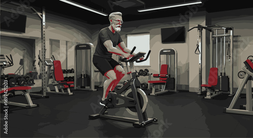 Active senior man on an exercise bike, embodying vitality and health in a stylish monochromatic gym with red accents
