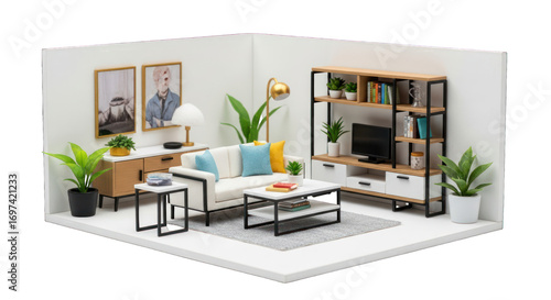 Wallpaper Mural Isometric interior design, light walls, minimalist furniture, plants, cozy style Torontodigital.ca