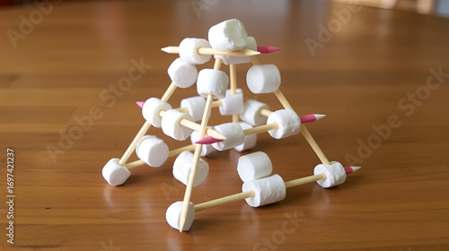 Closeup of a three dimensional pyramid built with toothpicks and marshmallows for a homeschool STEM project