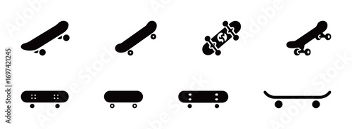 A collection of skateboard icons, from different perspectives, for hobbies, sports, and extreme recreation