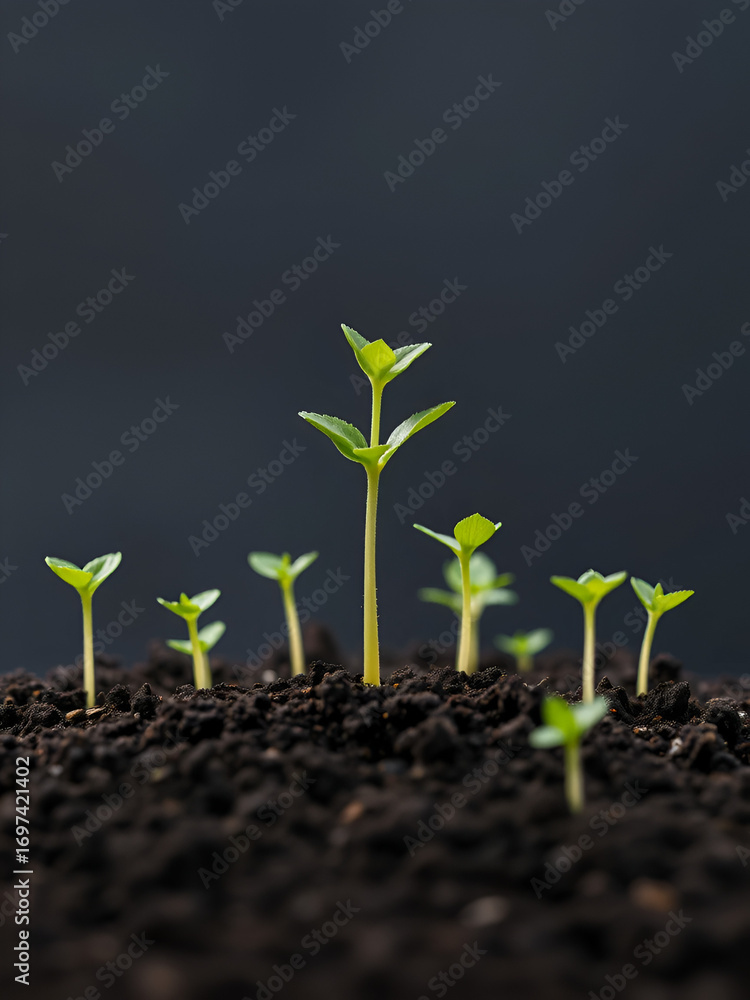 Fototapeta premium Growing Tall - One plant growing taller than all the other seedlings in the dirt. Concept for success or achievement.