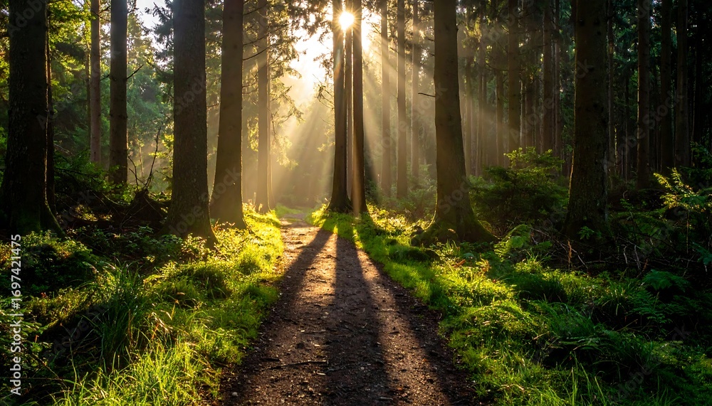 Obraz premium Sunlight streams through a forest path
