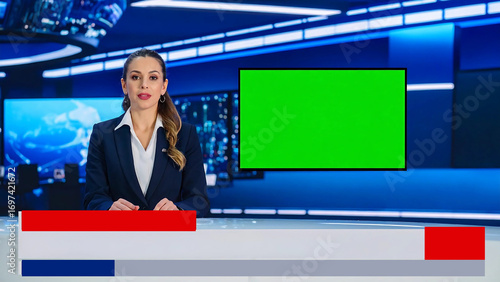 Broadcast journalist presenting news with a green screen backdrop in a modern television studio