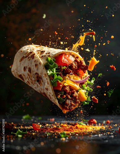 Delicious beef and vegetable burrito with fresh ingredients, vibrant colors, and dynamic splash effect, food photography, close-up, high detail, appetizing