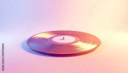 A vinyl record is displayed against a gradient background of pink, purple, and yellow hues.