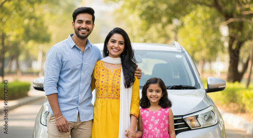 happy couple with daughter standing with new car