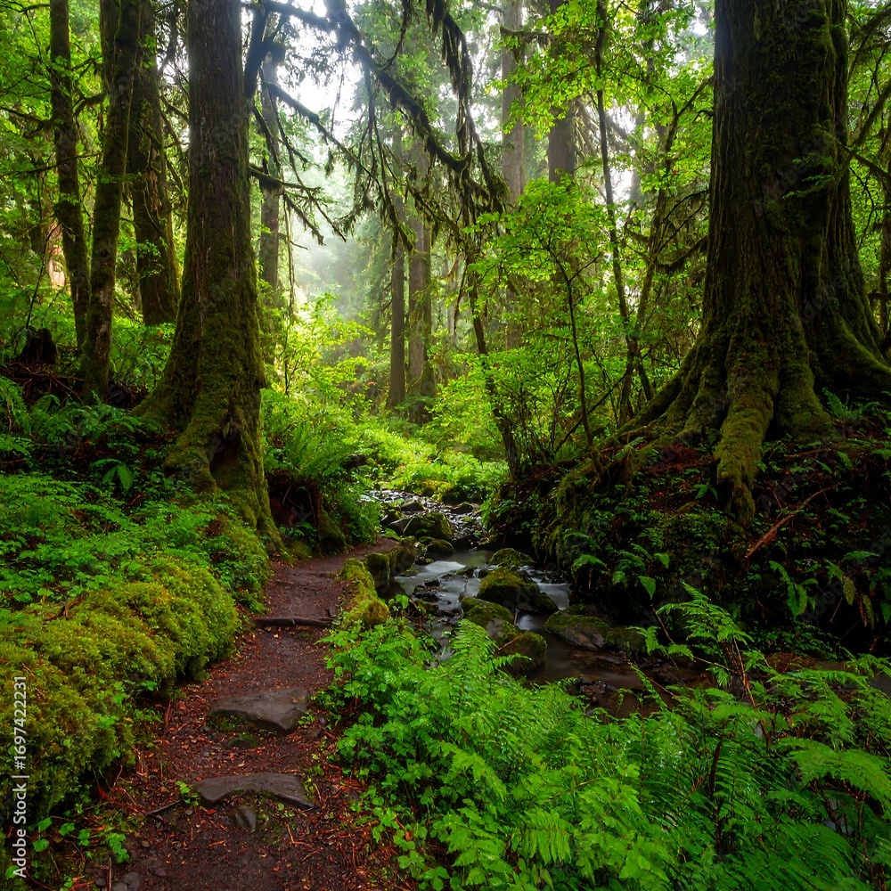 Fototapeta premium Lush forest path with a flowing stream