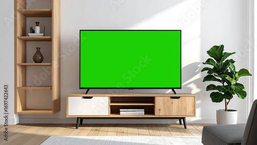 Front view of a blank television with a green screen in a bright, minimalist scandinavian style living room