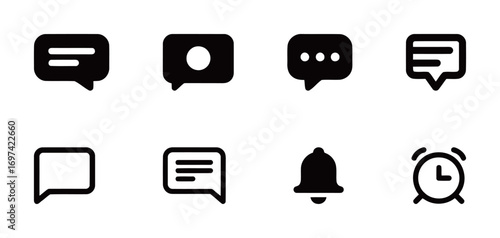 Set of chat, notification, and time icons, for messaging, alerts, and communication in mobile applications