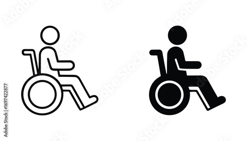 Accessibility Icon Set, Person in Wheelchair, Black and White, Vector Illustration