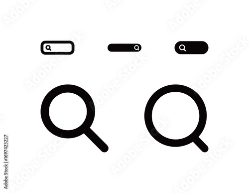 A collection of magnifying glass and search icons, for finding information, data, and user interface elements