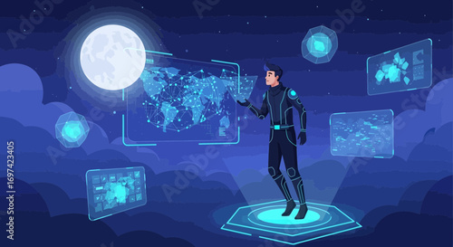 Futuristic interface concept depicting a man interacting with digital displays and holographic