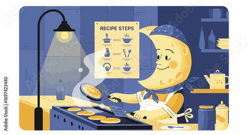Moon Chef Cooking Pancakes at Night with Recipe Steps Illustration and Cartoon Style