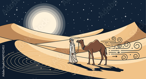 Illustrative depiction of a camel and its handler crossing the desert at night with a bright moon
