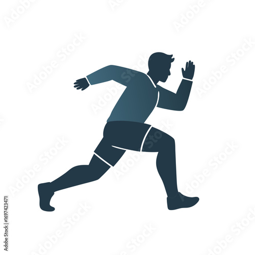 A funny runner vector illustration, depicting a man sprinting in a side profile view against a clean white background, with a flat, minimalist style using cool blue tones