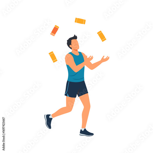 a funny runner vector illustration with a man in a blue shirt and black shorts running and throwing papers in the air with a carefree expression on his face in a bright and